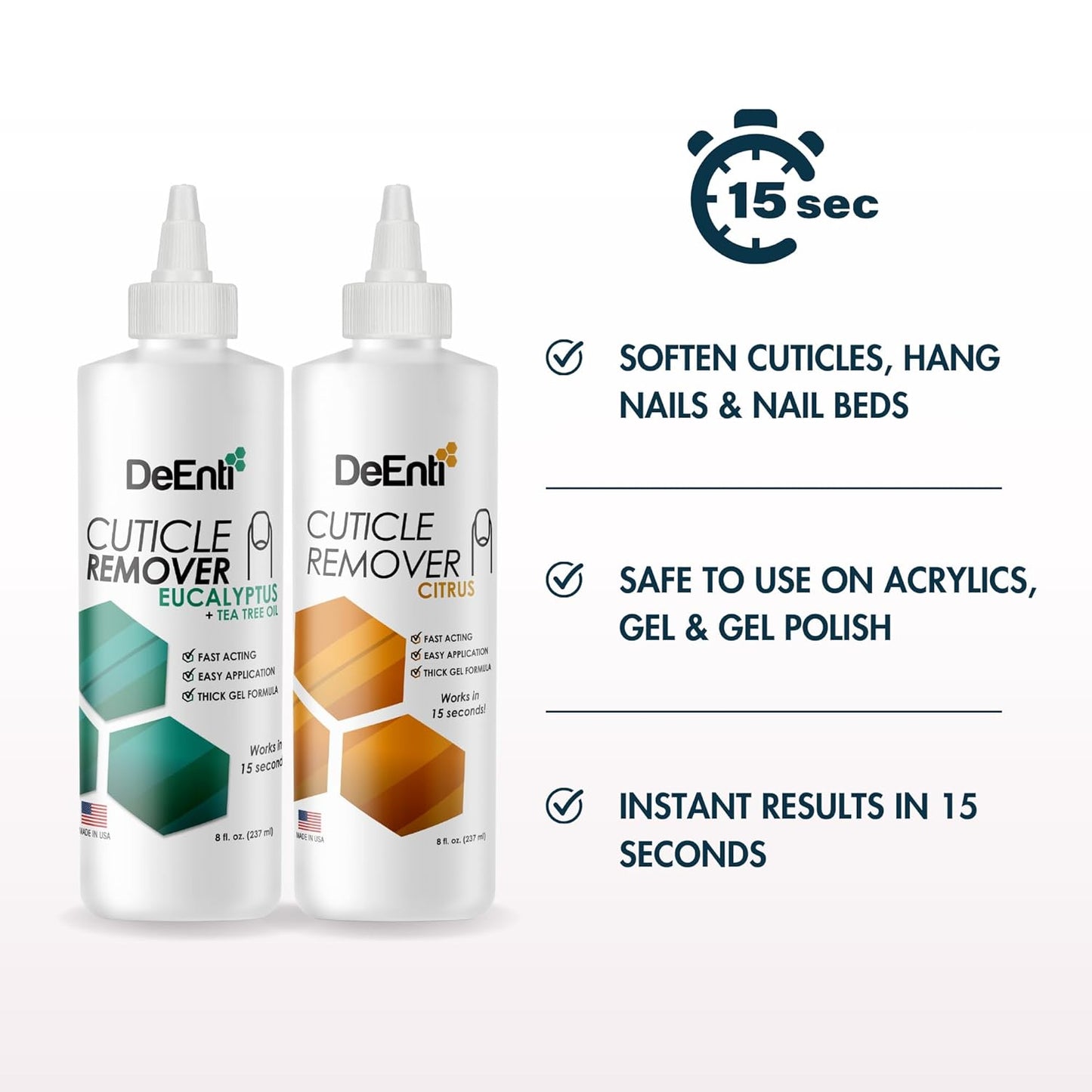 DeEnti Instant Cuticle Remover Gel, Eucalyptus, 8 Oz Bottle, Professional Cuticle Softener, Salon Quality Manicure and Pedicure Supplies