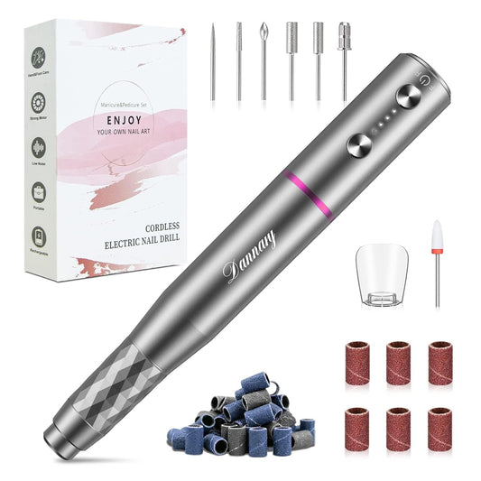 Electric Nail Drill Machine Professional, Rechargeable Cordless Nail File with Bits Kit for Acrylic Gel Dip Nails, Efile Manicure and Pedicure Kit for Home Salon Grinding Polishing Removing, Gray