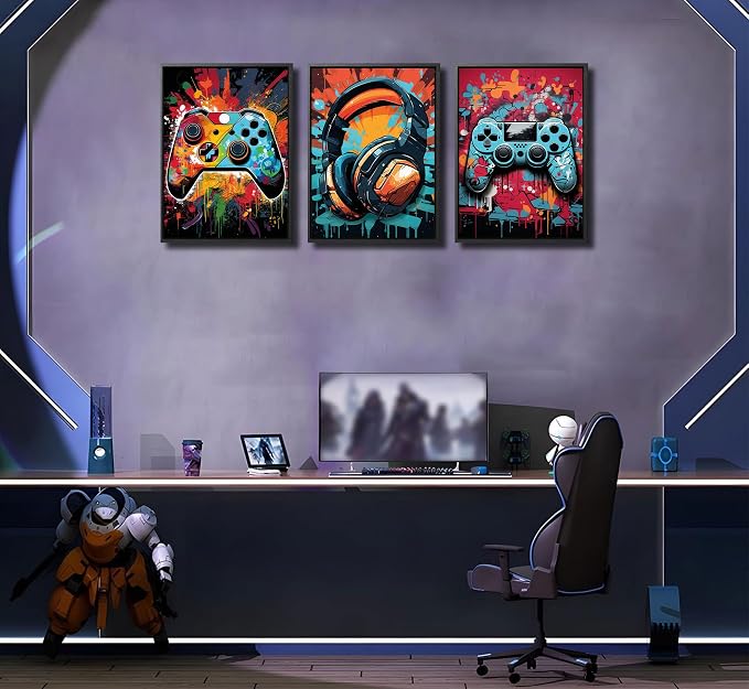3Pcs Framed Cool Gaming Wall Art Retro Video Gamer watercolor Posters Pictures - Image 3