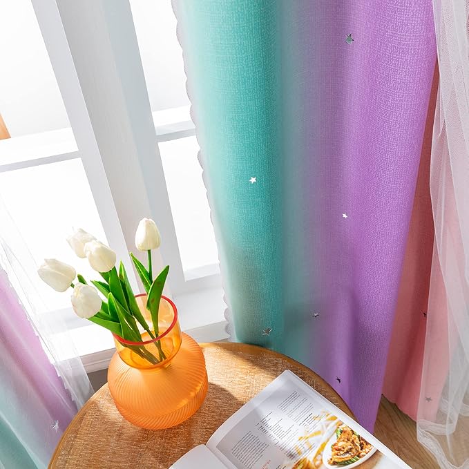 XiDi Curtains for Bedroom Decor, Rainbow Pink Purple Green 62/96/1 - Image 5