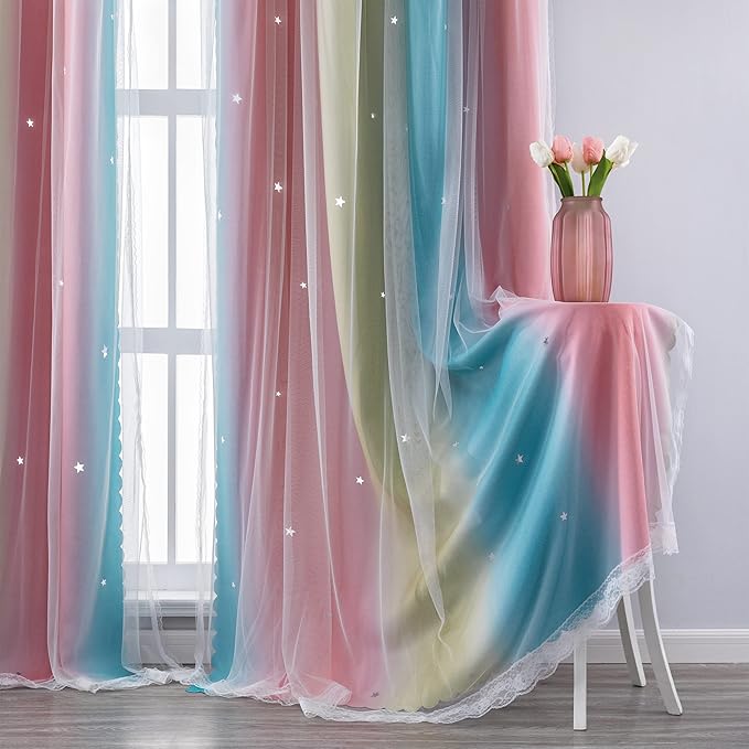 XiDi Curtains for Bedroom Decor, Rainbow Pink-Blue-34-54 - Image 4