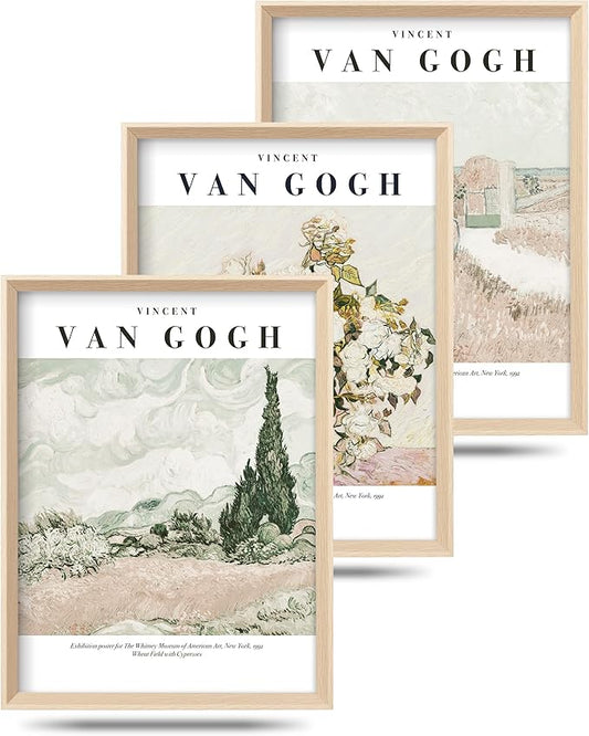 HesenDot Van Gogh High Framed Wall Art Set of 3, 12x16in Neutral Floral Canvas by HesenDot