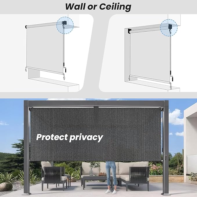 6'W x 6'H Gray Patio Shades Roll up Outdoor Roller Shade Crank Wand Blind - Image 6