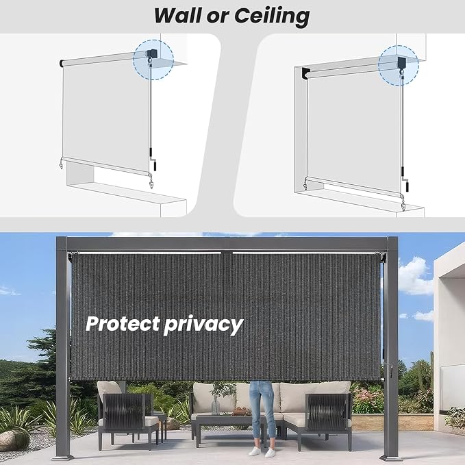 7'W x 6'H Gray Patio Shades Roll up Outdoor Roller Shade Crank Wand Blind - Image 6