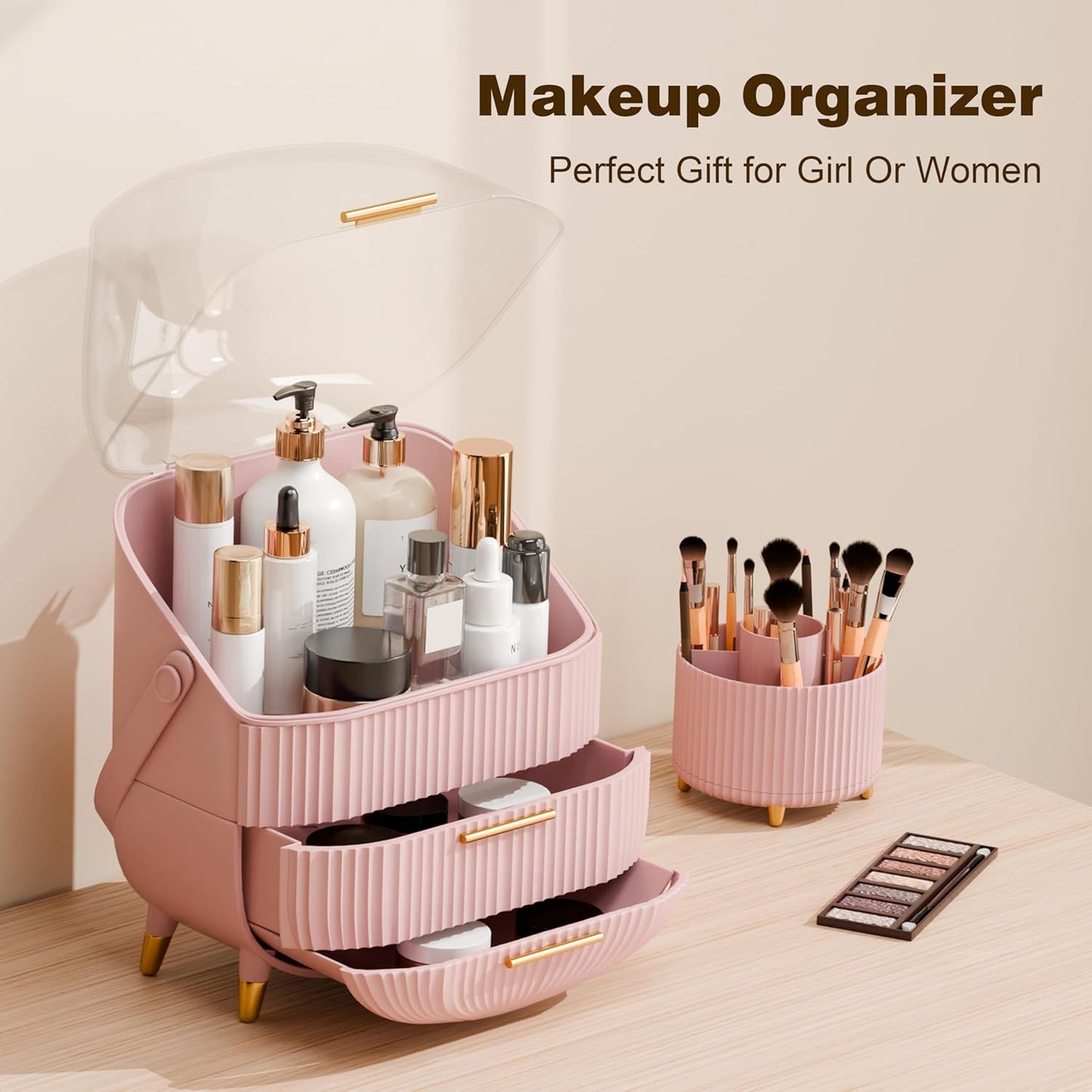 Makeup Organizers and Storage Make up Organizer for Vanity Cosmetics Skincare With Lid and Drawers Display Cases for Countertop Bathroom Women Teenager Girl Gifts(Pink+Brush Holder)