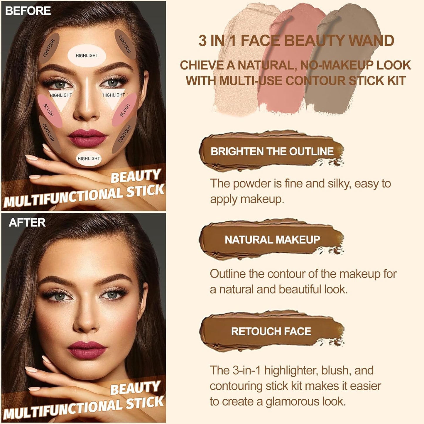 Lezero 3Pcs Contour Stick Makeup Kit, Shades with Highlighter, Blush and Bronzer Stick for Sculpt the Face and All Skin Type, Long Lasting, Smooth, Dewy & Matte Finish, MEDIUM