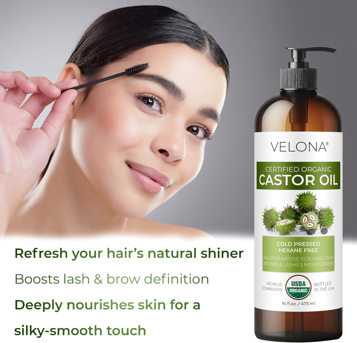 velona USDA Certified Organic Castor Oil - 64 fl oz | For Hair, Boost Eyelashes, Eyebrows | Cold pressed, Natural Oil, USP Grade | Hexane Free