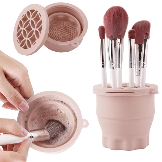 Makeup Brush Cleaner - Foldable Silicone Makeup Brush Cleaner Mat with Brush Storage Holder Makeup Brush Cleaning Bowl Cosmetic Brush Washing Tool for Cleaning Organizer and Drying (Nude Pink)