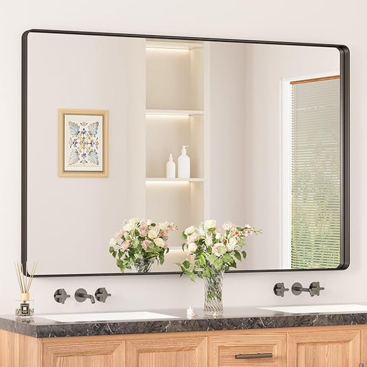 Keonjinn Black Bathroom Mirror 55 x 36 Inch Large Rounded Rectangle Mirror by Keonjinn