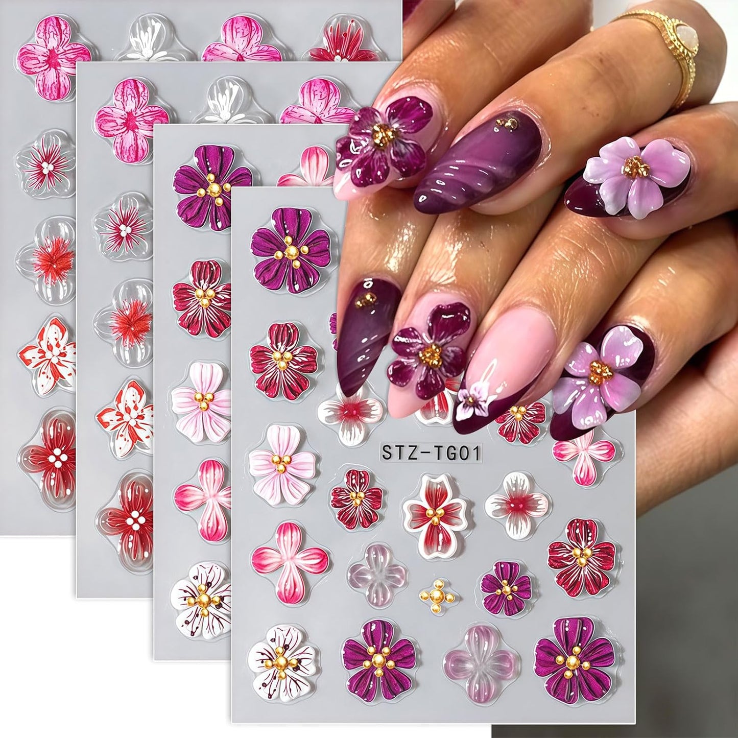 Flower Nail Art Stickers Decals, 4 Sheets 3D Self Adhesive Embossed Flower Nail Decals Nail Art Supplies Designs, Floral Nail Accessories for Women Girls