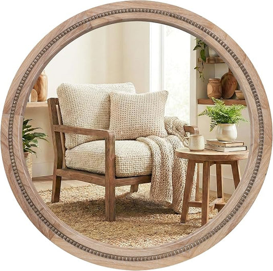 36" Large Round Wood Mirror for Living Room Fireplace, Big Solid Wood Wall by Pocetry