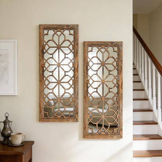 Set of 2 13x30 Inch Large Redbrown Shatterproof Carved Floral Wood Frame Wall by HMANGE