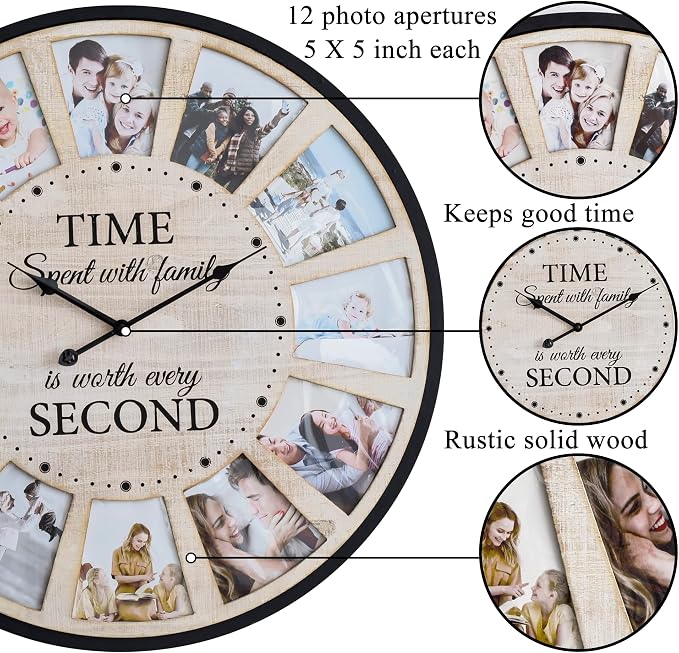 12 Photo Collage Rustic Wood Farmhouse Wall Clock, Large Family Picture Wall - Image 5