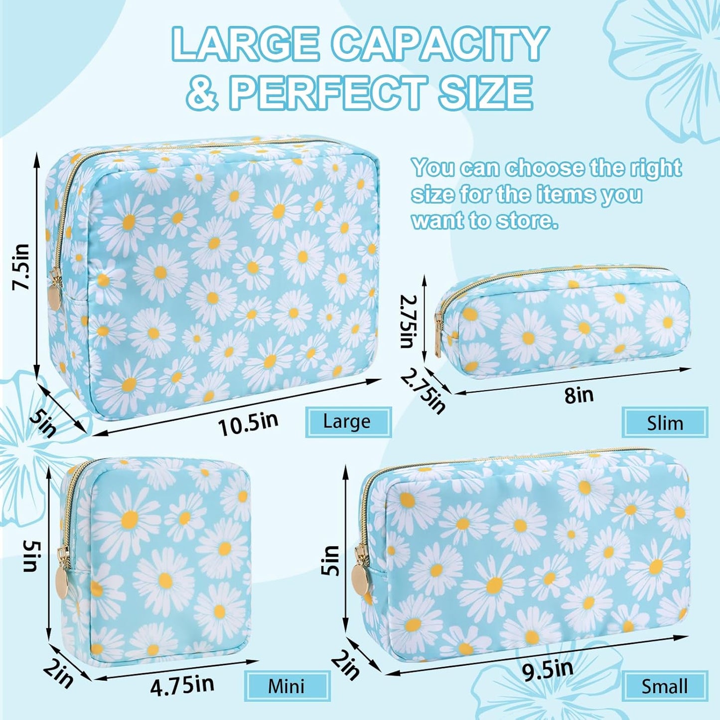 Waterproof Mini Floral Makeup Bag Pouch for Purse,Nylon Flower Cosmetic Travel Bag Small Preppy Toiletry Organizers Bag for Women Girl,Cute Zipper Pouch Coin Purse for Work(Mini Blue-Daisy)
