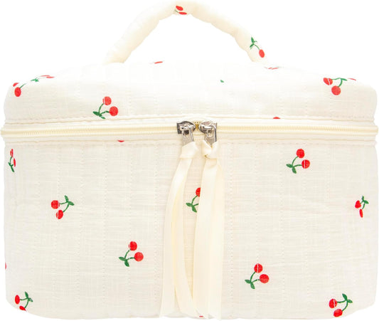 PAZIMIIK Quilted Makeup Bag Large Travel Zipper Soft Cosmetic Case for Women Girls Make Up,Cherry Beige