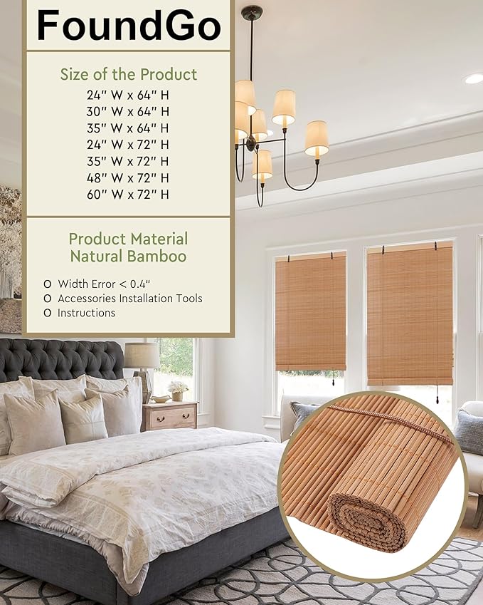 FoundGo Retro Bamboo Blinds 35" W x 64" H Bamboo Roman Shades Light Filtering - Image 4