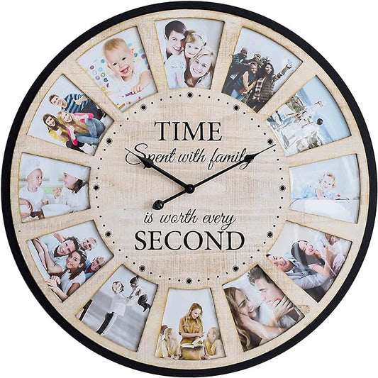12 Photo Collage Rustic Wood Farmhouse Wall Clock, Large Family Picture Wall by JUMBOHUMBLE