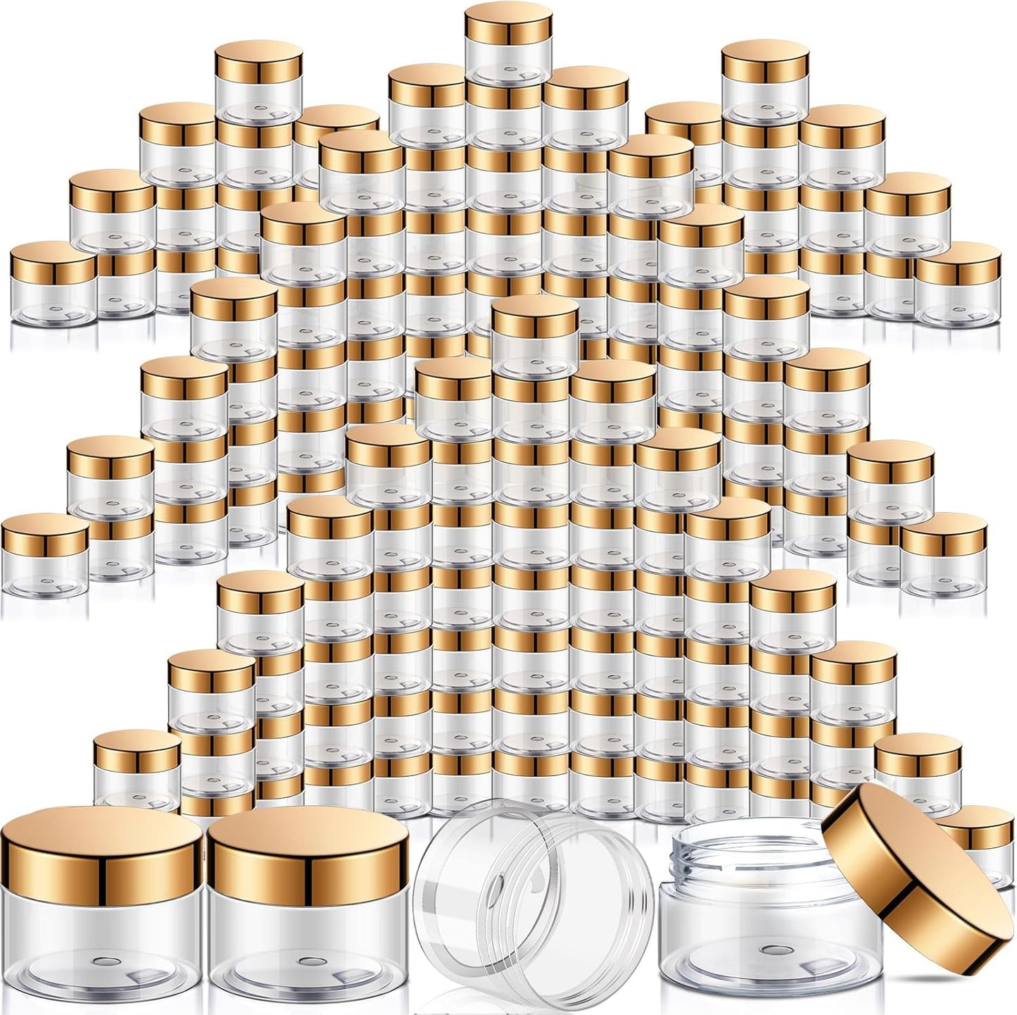 SATINIOR 100 Pcs Plastic Jars with Lids Small Containers Lids Wide Mouth Small Plastic Containers for Lotion Cream Rhinestones Body Butters Travel Storage(1 oz,Gold)