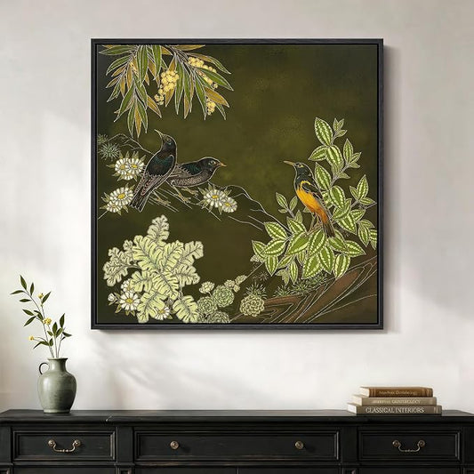 Framed Green Wall Art, Vintage Botanical Flower Bird Nature Canvas Prints by Cuspin
