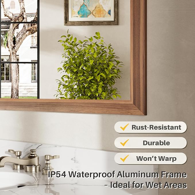 36x30 Inch Bathroom Mirror for Wall, Anti-Rust Walnut Wood Grain Metal Framed - Image 4