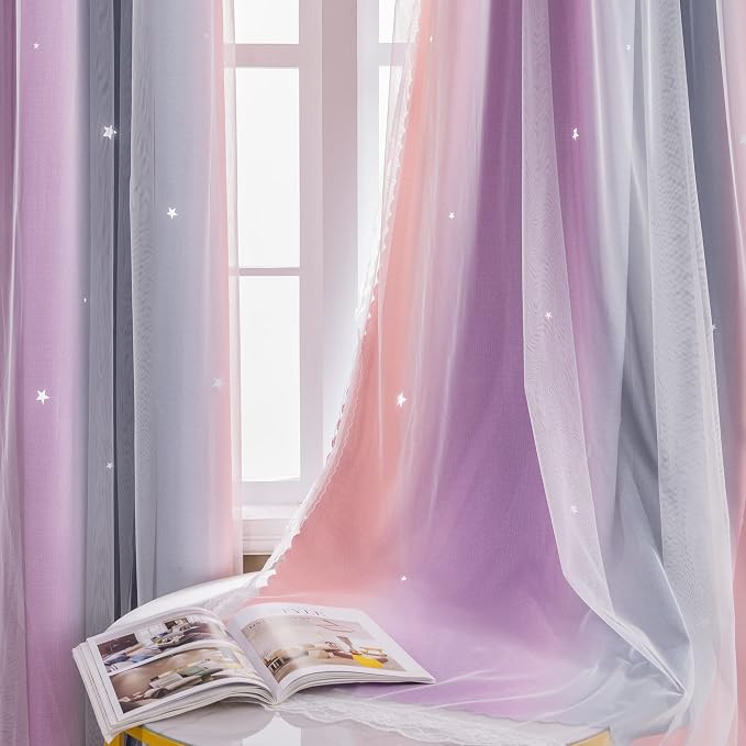 XiDi Curtains for Bedroom Decor, Rainbow GreyPinkPu-52-96 - Image 4