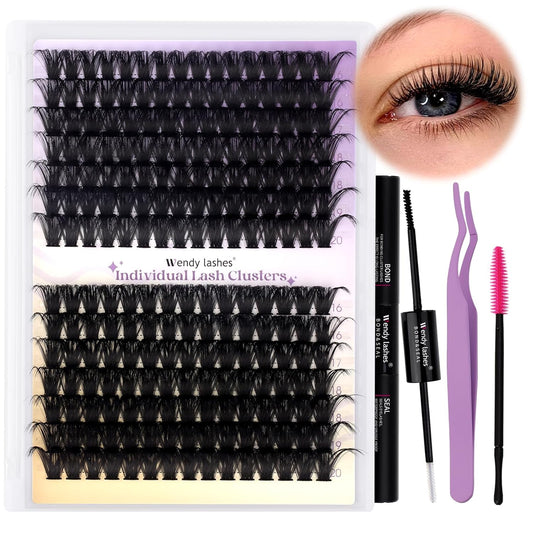 Lash Clusters Kit for Using at Home: Ultra-light, DIY, Natural, Fluffy, Wispy, Waterproof, Anime, Manga, Cat Eye, D Curl, 16-20mm, 80P+100P, Wendy, RT318