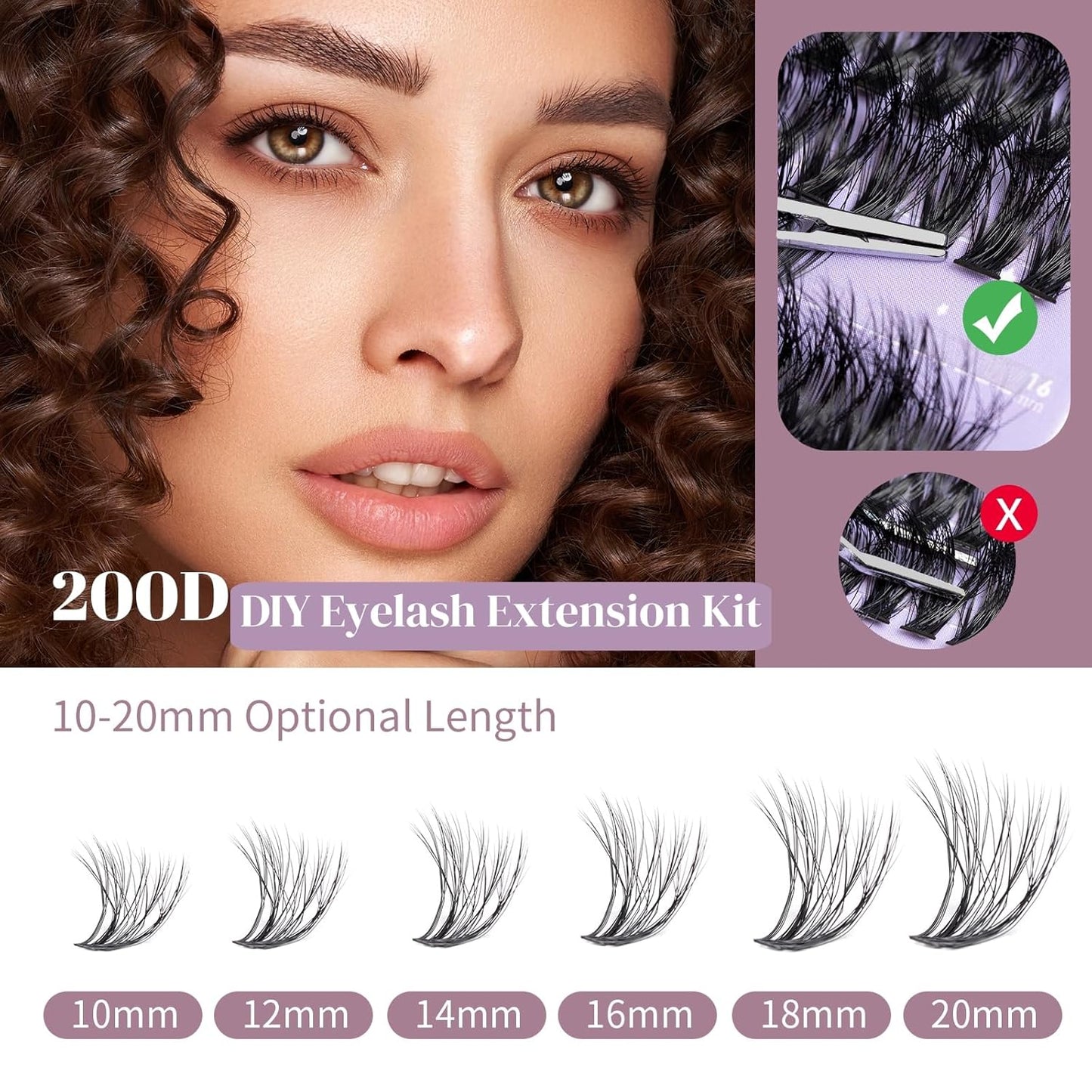Ocean Pearl Lash Clusters 10-20mm 200D 300PCS Lashes DIY Lash Clusters Kit Individual Lashes Cluster Eyelash Extensions Natural Eyelashes DIY Eyelash Extension Kit with Bond+Seal+Remover+Tweezer-200D