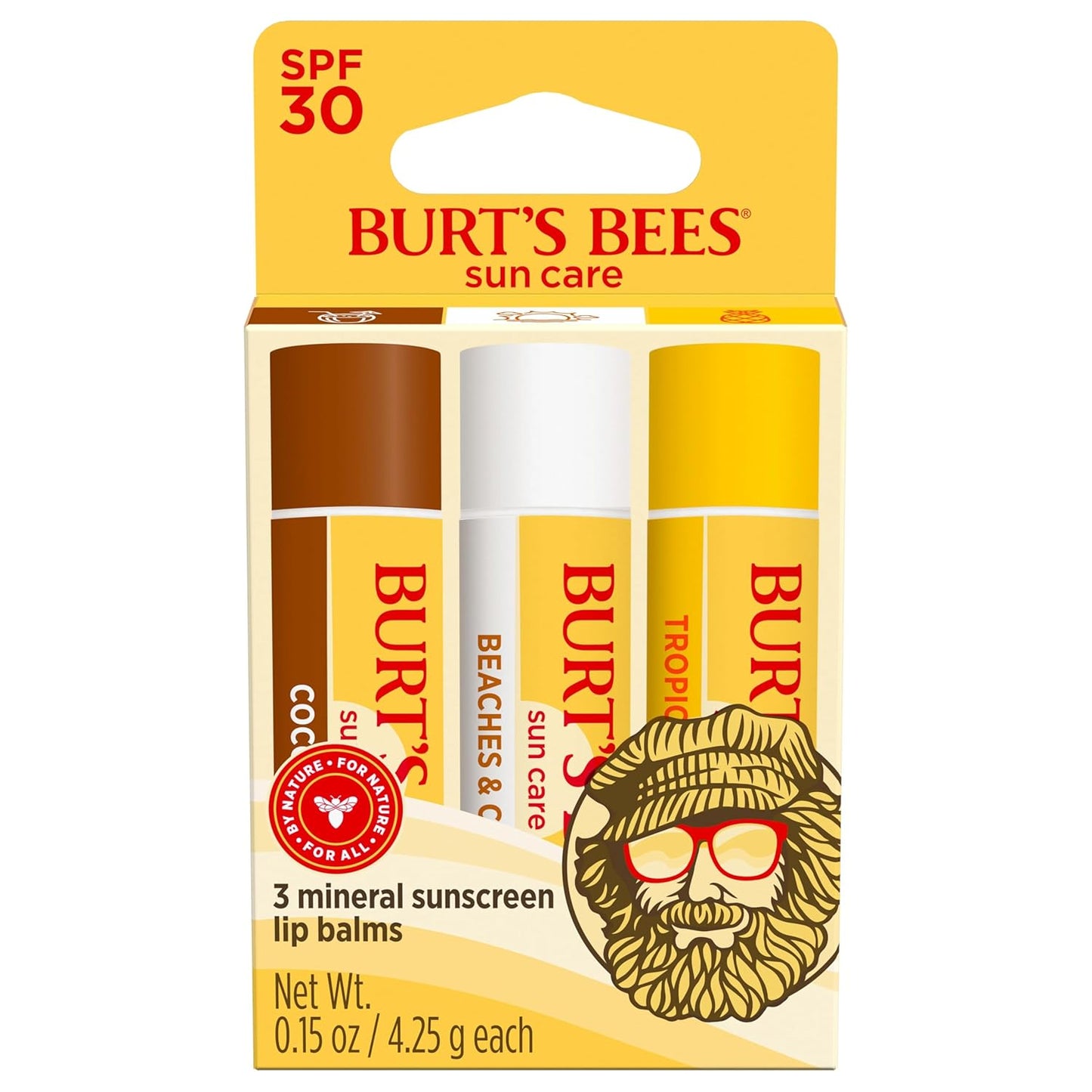 Burt’s Bees SPF 30 Lip Balm, Island Getaway - Coco Loco, Beaches & Cream, Tropic Like It's Hot, Water-Resistant Sun Care, Natural Origin Lip Treatment, 3 Tubes, 0.15 oz