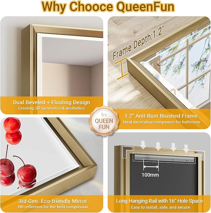 Brushed Gold Bathroom Mirror, Anti-Rust Gold Framed Rectangle Wall Mirror - Image 8