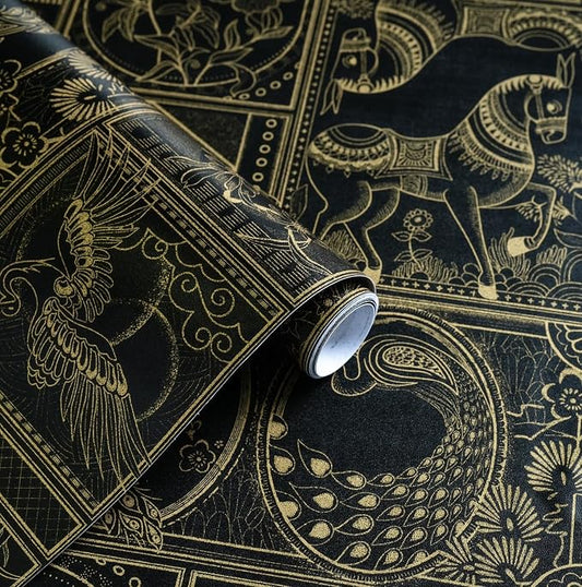 Erfoni 197"x17.7" Black and Gold Wallpaper Vintage Self Adhesive Peel and Stick by Erfoni