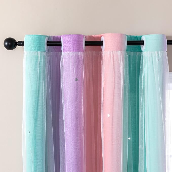 XiDi Curtains for Bedroom Decor, Rainbow Pink Purple Green 34/54/1 - Image 2