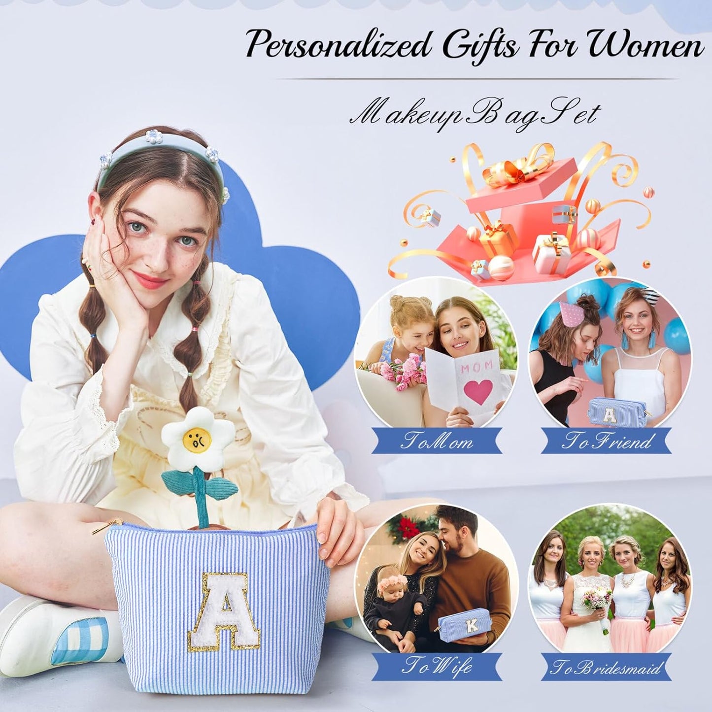 YOOLIFE Birthday Gifts for 3 4 5 6 7 8 9 10 11 12 13 Year Old Girls | Monogram Makeup Bag | Makeup Pouch | Stocking Stuffers for Girls | Birthday Gifts for Girls | Teen Girl Daughter Sister Gifts S