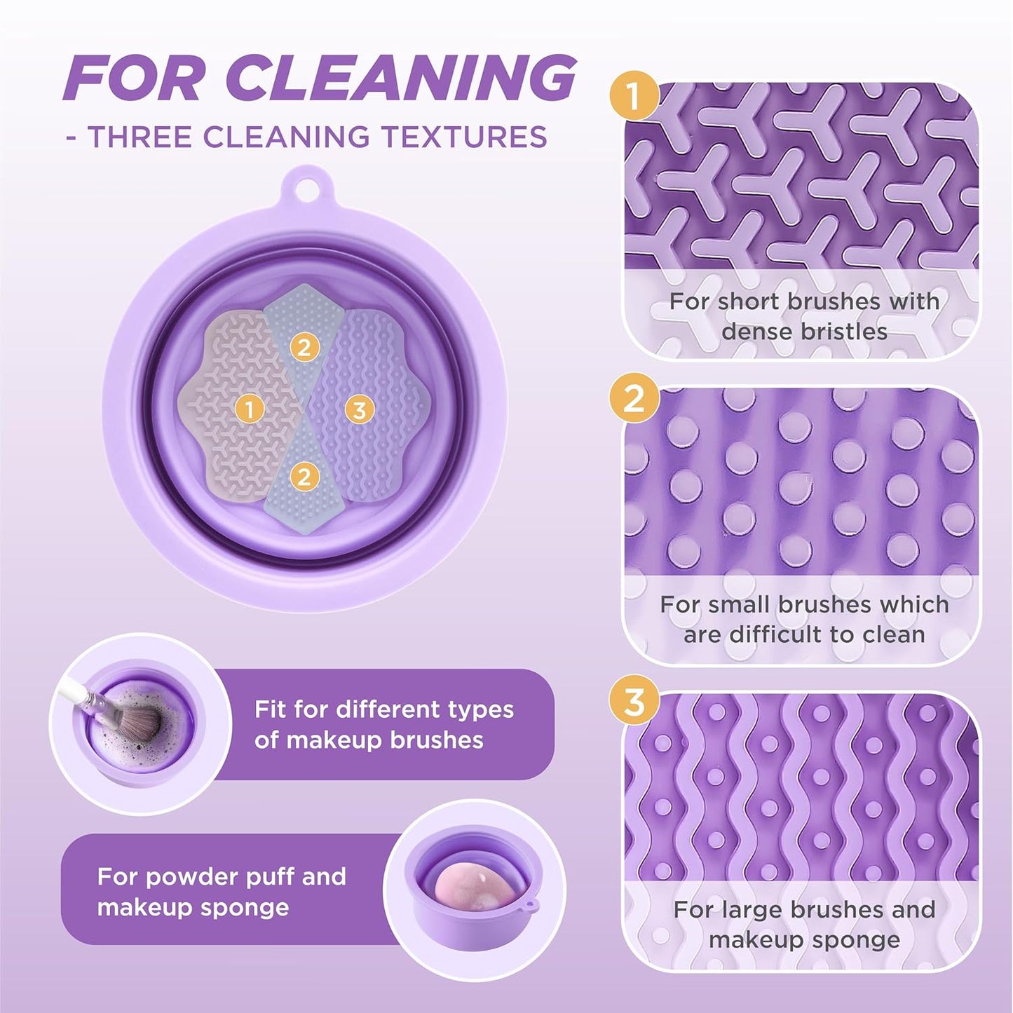 Makeup Brush Cleaner - Foldable Silicone Makeup Brush Cleaner Mat with Brush Storage Holder Makeup Brush Cleaning Bowl Cosmetic Brush Washing Tool for Cleaning Organizer and Drying (Purple and Pink)