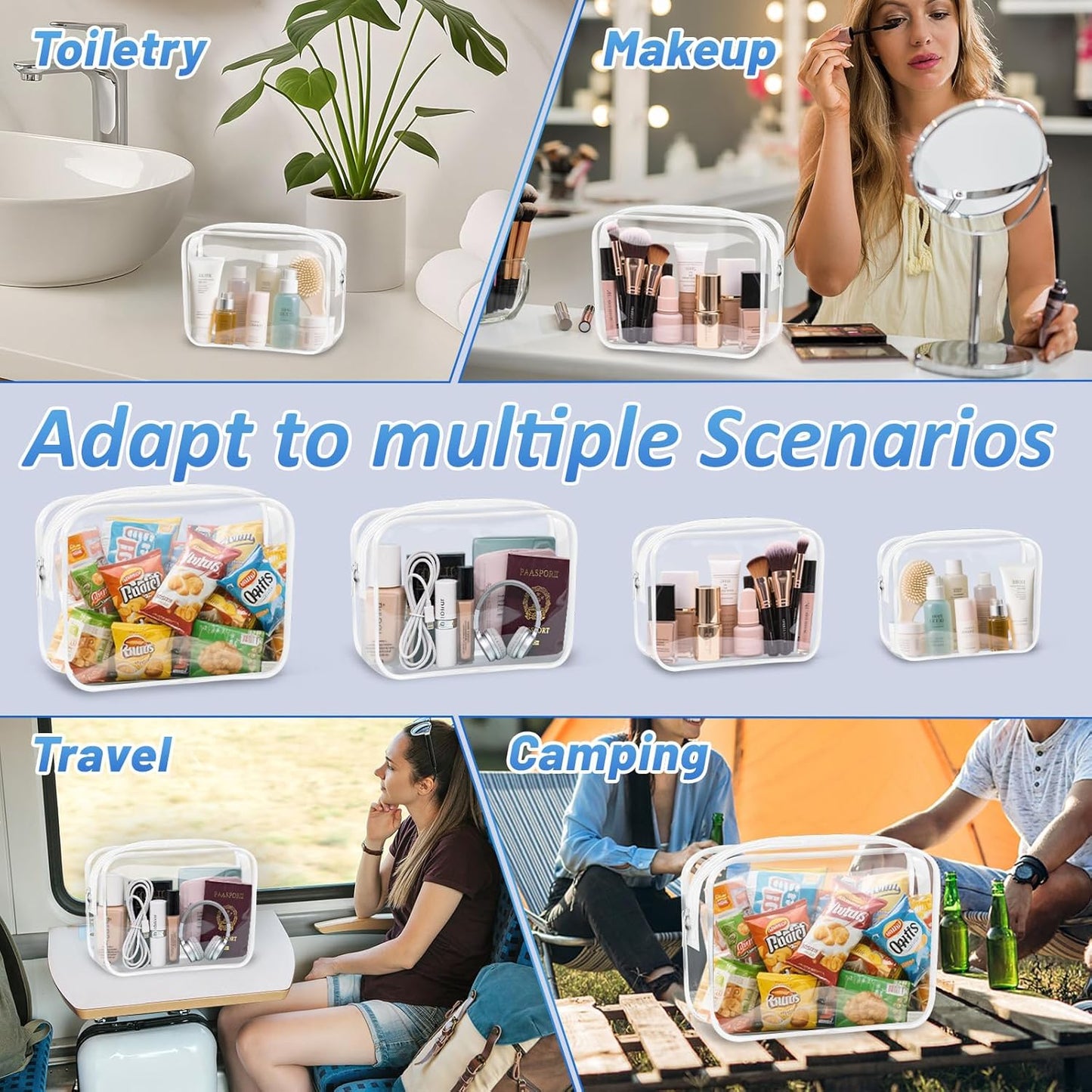 Clear Makeup Bags Plastic Cosmetic Bag TAS Toiletry Bag for Travelling PVC Clear Pouch Organizer Bag for Women (4, white, Multisize)