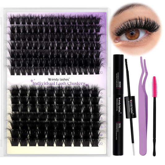 Lash Clusters Kit for Using at Home: Ultra-light, DIY, Natural, Fluffy, Wispy, Waterproof, Anime, Manga, Cat Eye, 3D Curl, 16-20mm, 100P+200P, Wendy, RT318