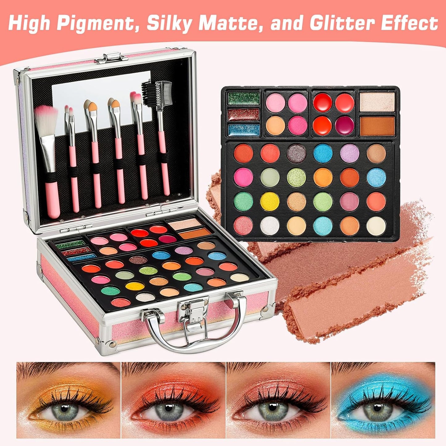 Anpro All-In-One Makeup Carry Case with Pro Teen Makeup Set, Full Starter Cosmetics Kit with Makeup Brushes, Eye Shadows Palette, Blushes, Glitter Gel, Temporary Tattoo Stickers - Colorful