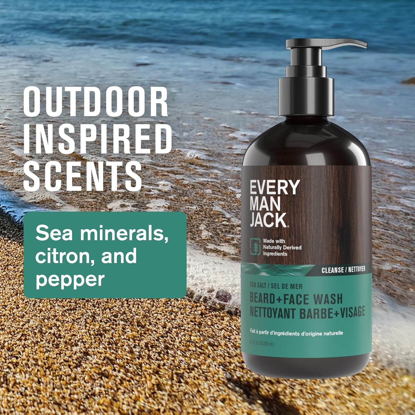 Every Man Jack Beard + Face Wash - Subtle Sea Salt Fragrance - Deep Cleans, Conditions, and Softens Your Beard and Skin Underneath - Naturally Derived with Coconut Oil, Glycerin, and Coconut - 6.7-fl oz (2 Pack)
