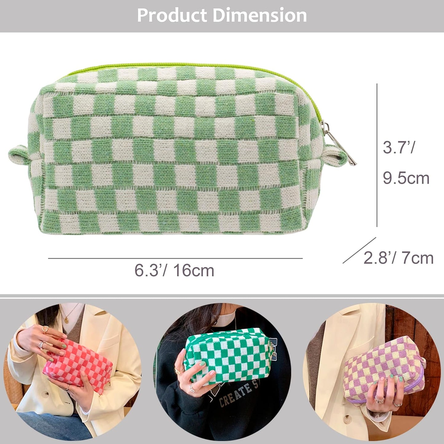 PAZIMIIK Checkered Makeup Bag for Purse Portable Zipper Make Up Pouch Small Cosmetic Case for Travel Accessories (Light Green)