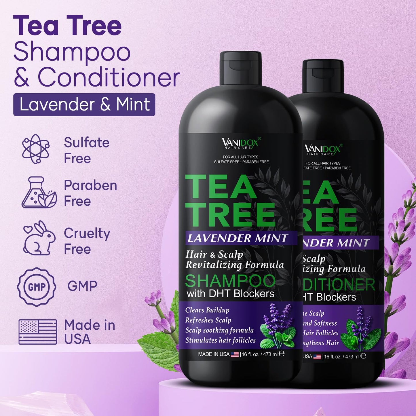 Tea Tree Shampoo and Conditioner Set with Lavender and Mint | DHT Blockers | With 100% Pure Tea Tree Oil for Itchy, Dry Scalp | Sulfate & Paraben Free | For Men & Women | 16 fl oz Each