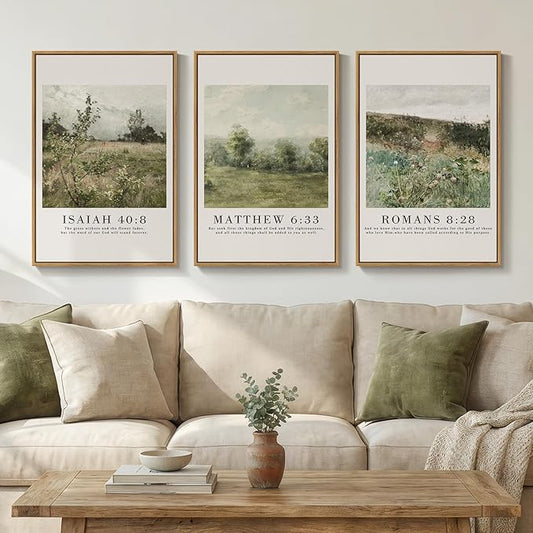 Framed Vintage Christian Wall Art Set of 3, Rustic Wildflower Landscape Bible by Cuspin