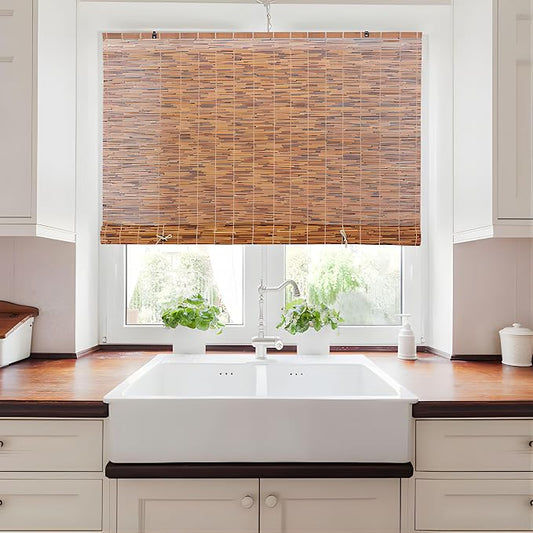 Bamboo Reed Cordless Light-Filtering Shades, Manual Roll-Up Roman Blinds Bamboo by FOREVERBAMBOO