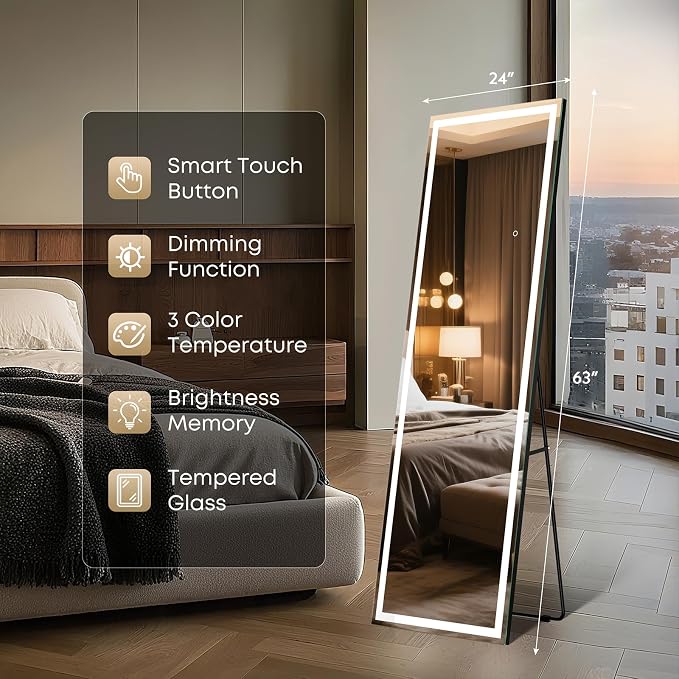 Kosmonia 63x24 Frameless Full Length Mirror, Dimmable 3 Color LED Light - Image 6