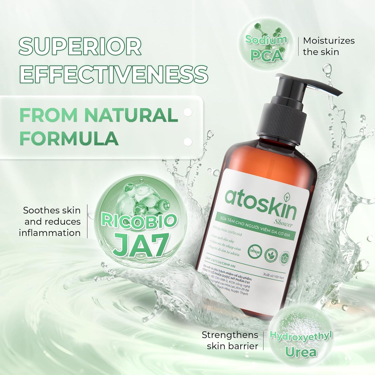 Atoskin Shower Gel for Eczema, Psoriasis, Dermatitis, and Anti-Itch Relief with RicoBio JA7 - for Atopic Dermatitis Patents (6.8 oz)