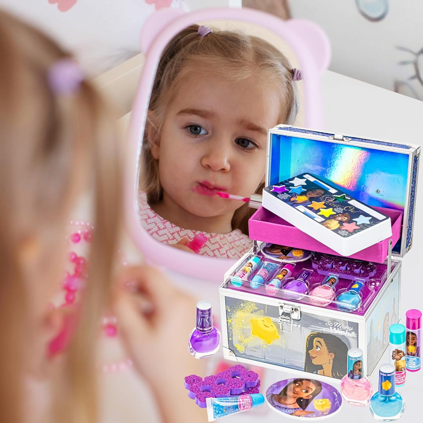 Disney Wish - Townley Girl Train Case Cosmetic Makeup Set Includes Lip Gloss, Eye Shimmer, Brush, Nail Polish, Accessories & more! for Girls, Ages 3+ perfect for Parties, Sleepovers & Makeovers