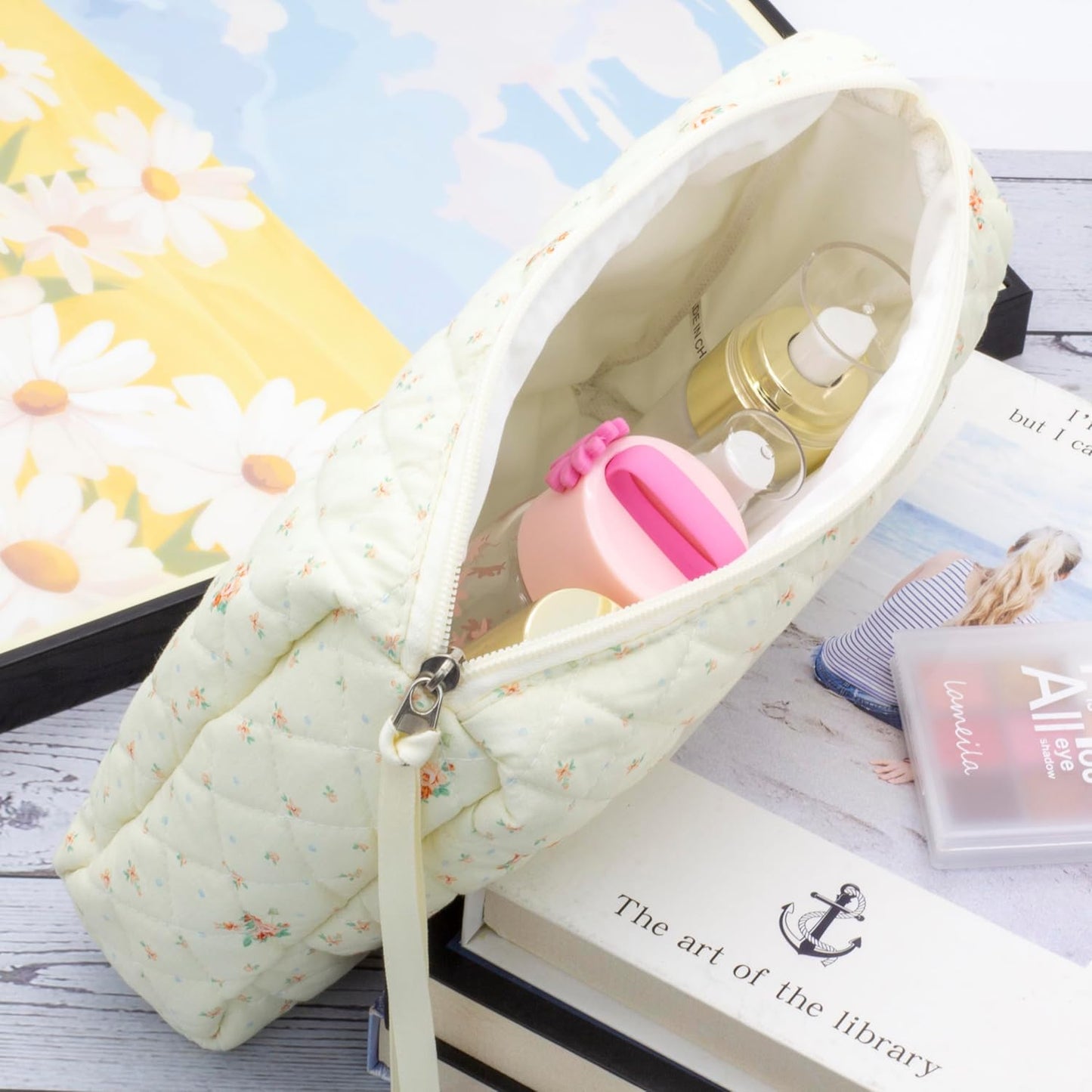 PAZIMIIK 3PCS Makeup Bag SET Large Travel Quilted Zipper Soft Cosmetic Case Pouch for Women Girls Make Up,Floral White