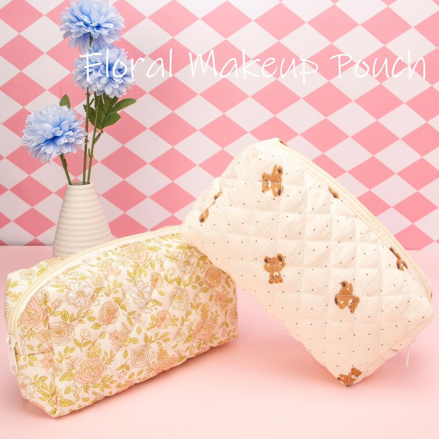 PAZIMIIK 6PCS Vintage Quilted Makeup Bag SET Cosmetic Pouch for Brushes Pencils and Travel Make Up Accessories for Women and Girls Bear Beige