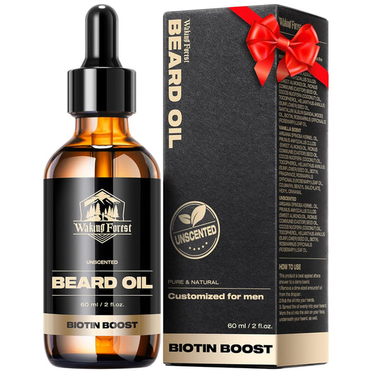 Waking Forest Beard Oil - 60ml Unscented Biotin Beard Oil for Men Thicker Beard with Vitamin E, Rosemary, Castor Mustache Oil for Black Men, Softens & Strengthens Beard Care Oil