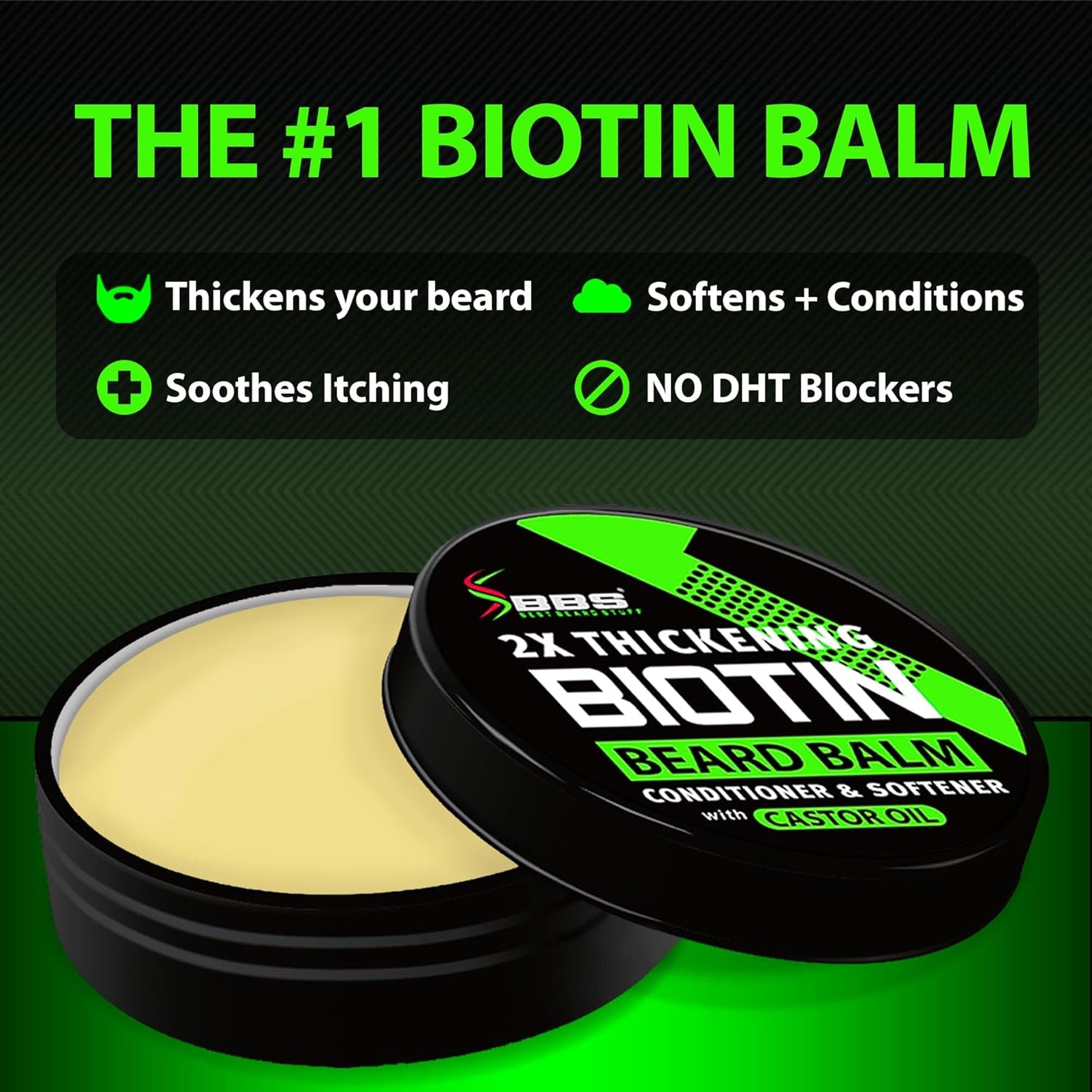 Biotin Beard Balm for Men - 2X Thickening for Beard and Mustache - Organic Mustache Wax with Castor Oil & Meadowfoam – Hydrating Facial Hair Growth Balm & Leave-In Conditioner