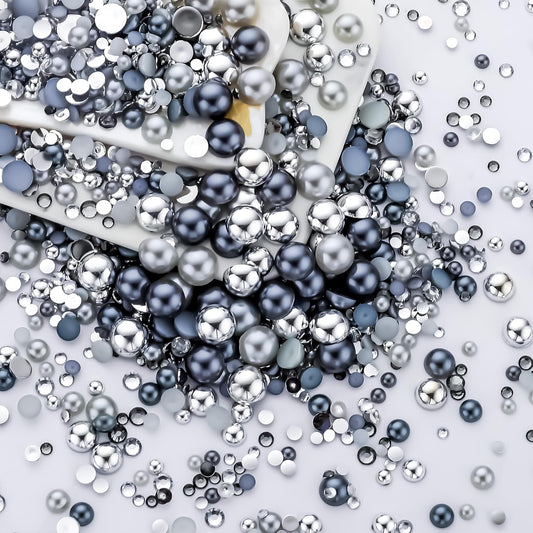 60g Grey Silver Pearls Rhinestones for Crafts Mixed Size 3mm-10mm AB Color Round Half Pearls Flatback Pearl Beads and Resin Rhinestones Set for Face Art with Gel