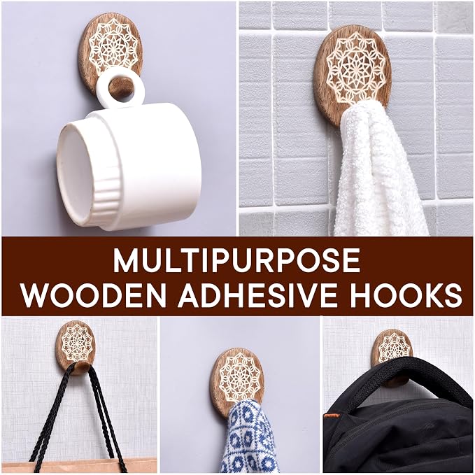 IndianShelf 6 Lb- 24 Pieces Decorative Wood Adhesive Wall Hooks–Boho Peel and - Image 6